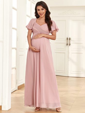 Chiffon Pleated V-Neck Tie-Back A-Line Maternity Dress - Dusty Rose