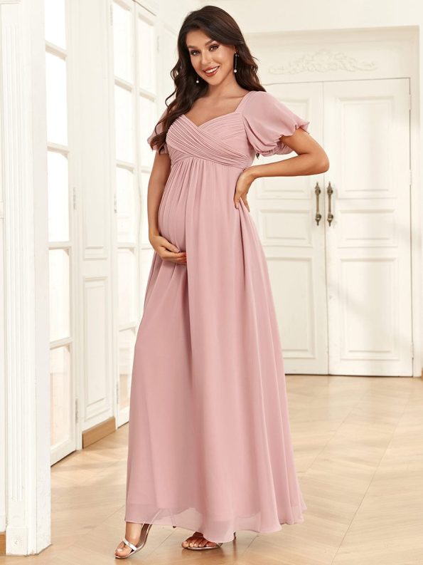 Chiffon Pleated V-Neck Tie-Back A-Line Maternity Dress - Dusty Rose