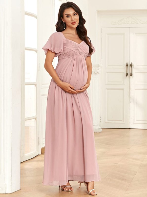 Chiffon Pleated V-Neck Tie-Back A-Line Maternity Dress - Dusty Rose