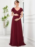 Chiffon Ruffled Short Sleeve Corsage A-Line Maternity Dress – Burgundy