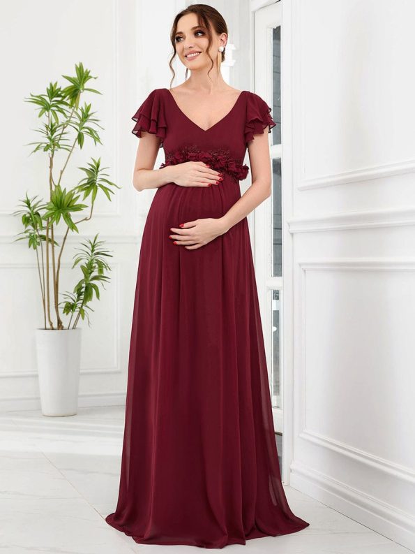 Chiffon Ruffled Short Sleeve Corsage A-Line Maternity Dress - Burgundy