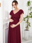 Chiffon Ruffled Short Sleeve Corsage A-Line Maternity Dress – Burgundy