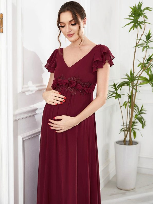 Chiffon Ruffled Short Sleeve Corsage A-Line Maternity Dress - Burgundy