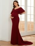 V-Neck Off-Shoulder A-Line Fishtail Maternity Dress – Burgundy