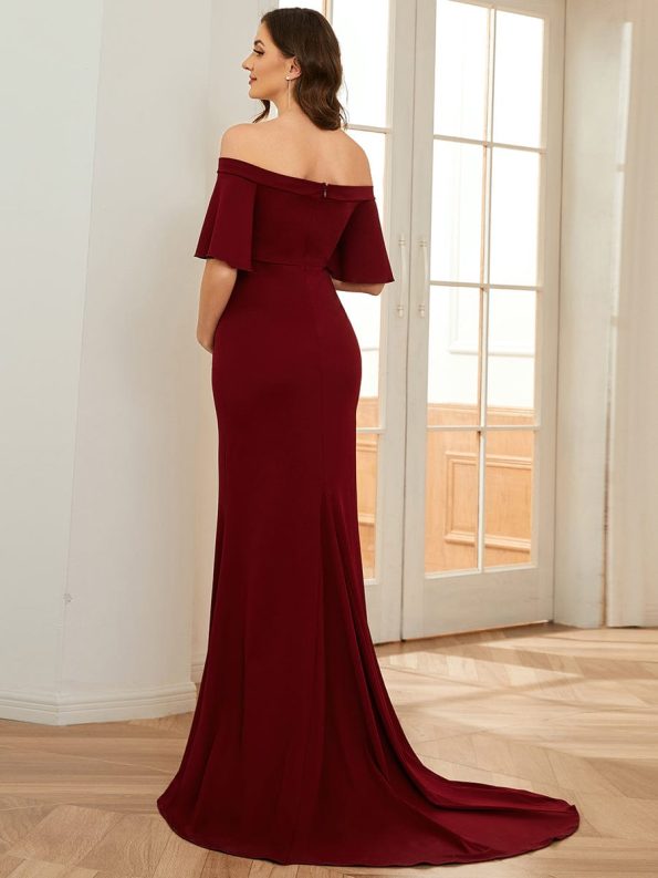 V-Neck Off-Shoulder A-Line Fishtail Maternity Dress - Burgundy