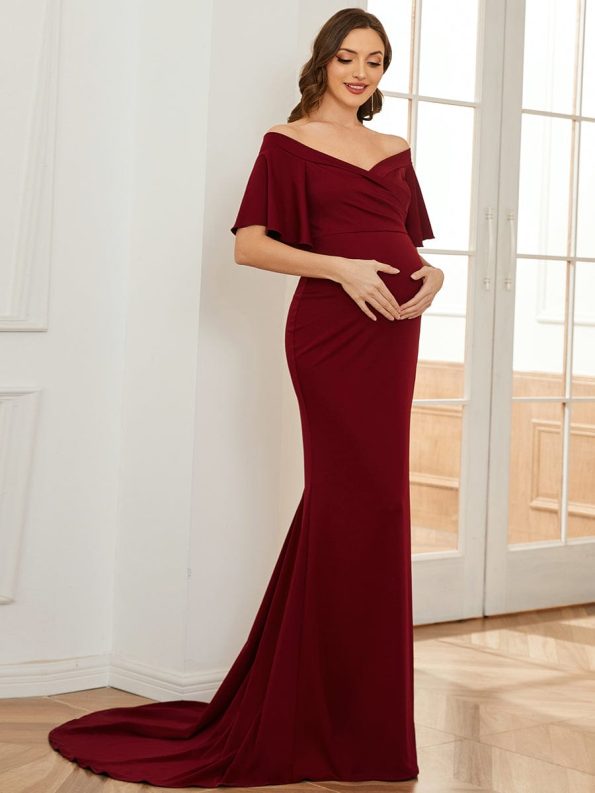 V-Neck Off-Shoulder A-Line Fishtail Maternity Dress - Burgundy