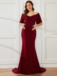 V-Neck Off-Shoulder A-Line Fishtail Maternity Dress – Burgundy