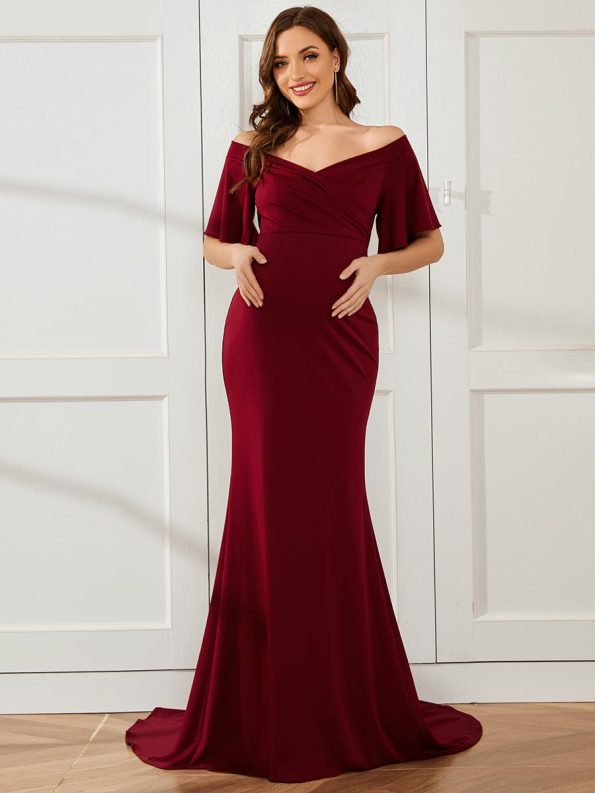 V-Neck Off-Shoulder A-Line Fishtail Maternity Dress - Burgundy