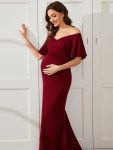 V-Neck Off-Shoulder A-Line Fishtail Maternity Dress – Burgundy