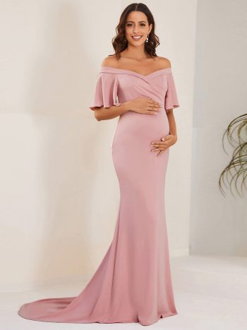 V-Neck Off-Shoulder A-Line Fishtail Maternity Dress - Dusty Rose