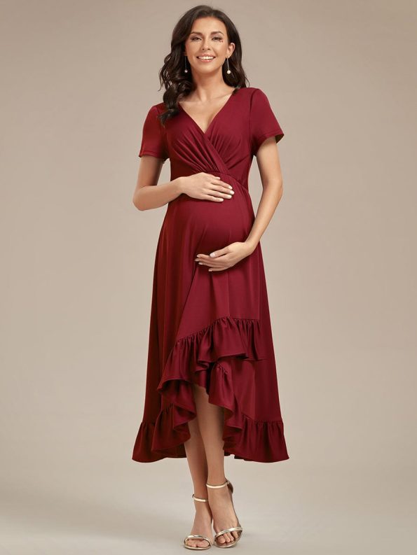 Ruffles High Low Hemline V-Neck High Stretch Maternity Dress - Burgundy