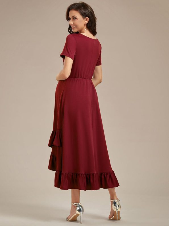 Ruffles High Low Hemline V-Neck High Stretch Maternity Dress - Burgundy