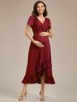 Ruffles High Low Hemline V-Neck High Stretch Maternity Dress – Burgundy