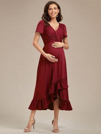 Ruffles High Low Hemline V-Neck High Stretch Maternity Dress - Burgundy