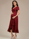 Ruffles High Low Hemline V-Neck High Stretch Maternity Dress – Burgundy