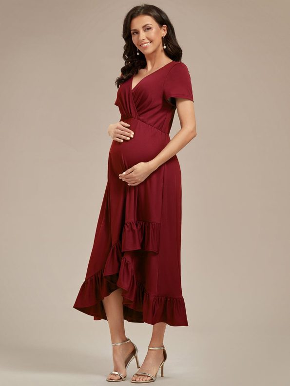 Ruffles High Low Hemline V-Neck High Stretch Maternity Dress - Burgundy