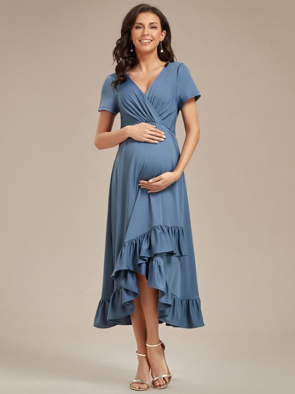 Ruffles High Low Hemline V-Neck High Stretch Maternity Dress - Dusty Navy