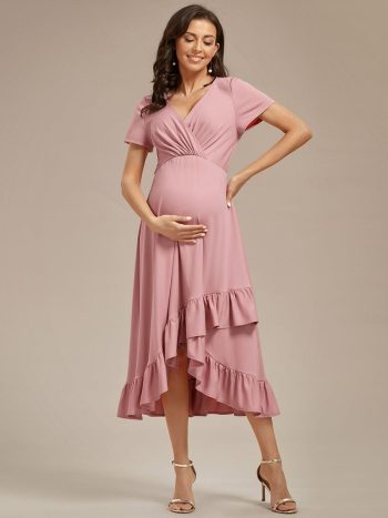 Ruffles High Low Hemline V-Neck High Stretch Maternity Dress - Dusty Rose