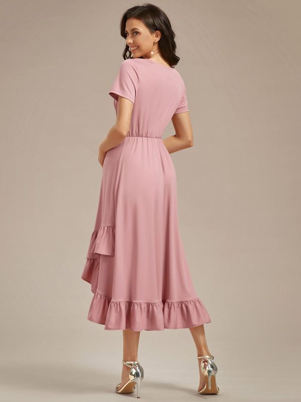 Ruffles High Low Hemline V-Neck High Stretch Maternity Dress - Dusty Rose