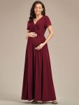 Comfortable Pleated V-Neck Short Sleeve Maternity Dress – Burgundy