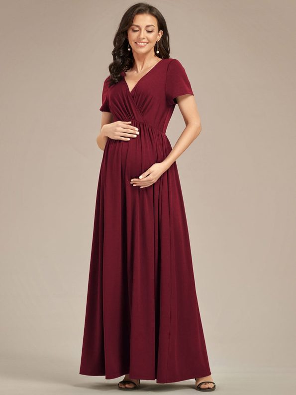 Comfortable Pleated V-Neck Short Sleeve Maternity Dress - Burgundy