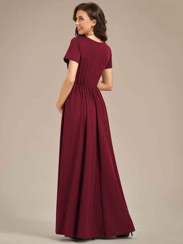 Comfortable Pleated V-Neck Short Sleeve Maternity Dress - Burgundy