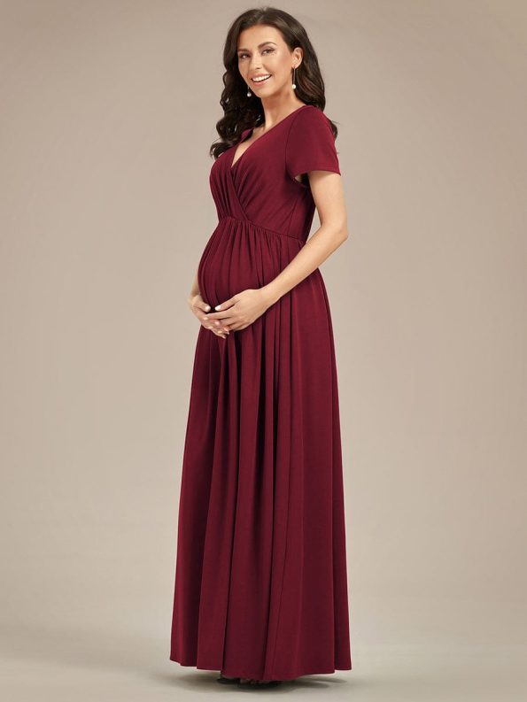 Comfortable Pleated V-Neck Short Sleeve Maternity Dress - Burgundy