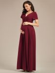 Comfortable Pleated V-Neck Short Sleeve Maternity Dress – Burgundy