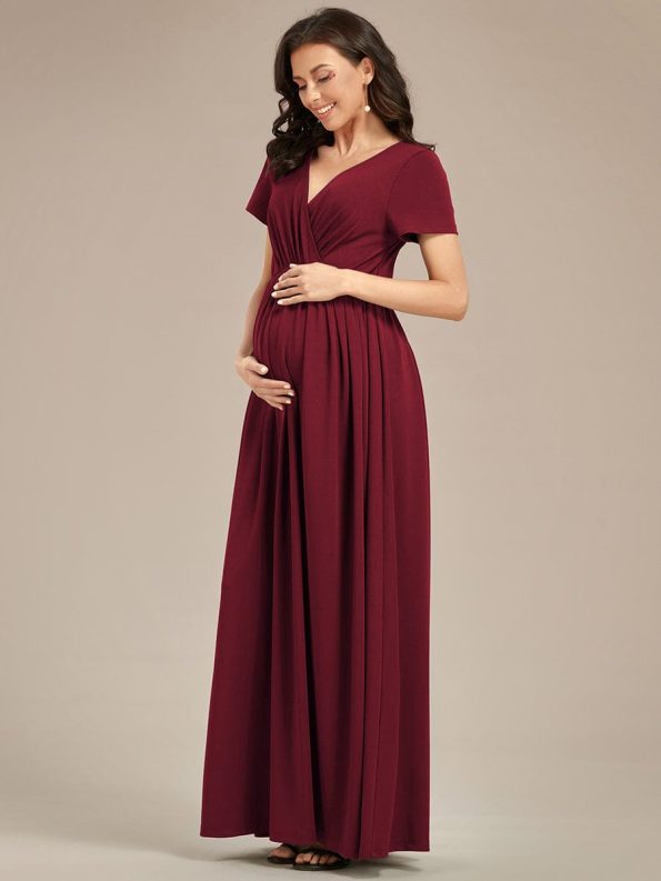 Comfortable Pleated V-Neck Short Sleeve Maternity Dress - Burgundy