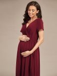 Comfortable Pleated V-Neck Short Sleeve Maternity Dress – Burgundy