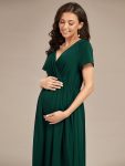 Comfortable Pleated V-Neck Short Sleeve Maternity Dress – Dark Green