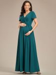 Comfortable Pleated V-Neck Short Sleeve Maternity Dress – Teal