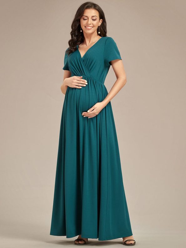 Comfortable Pleated V-Neck Short Sleeve Maternity Dress - Teal