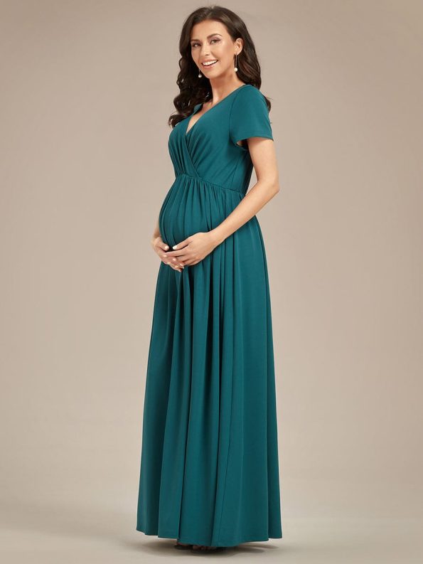 Comfortable Pleated V-Neck Short Sleeve Maternity Dress - Teal