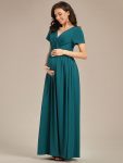 Comfortable Pleated V-Neck Short Sleeve Maternity Dress – Teal