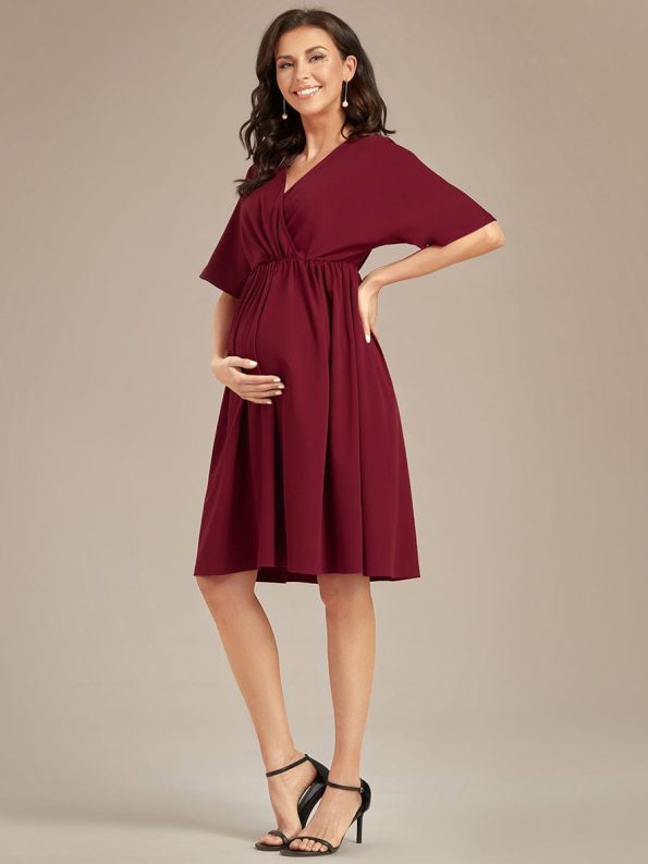 Loose V-Neck Half Sleeve Knee Length Maternity Dress - Burgundy