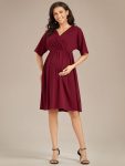 Loose V-Neck Half Sleeve Knee Length Maternity Dress – Burgundy