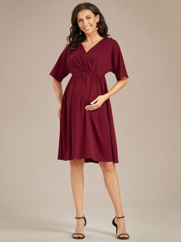 Loose V-Neck Half Sleeve Knee Length Maternity Dress - Burgundy