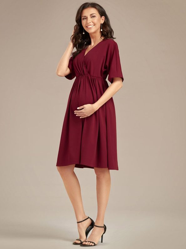 Loose V-Neck Half Sleeve Knee Length Maternity Dress - Burgundy