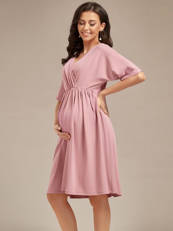 Loose V-Neck Half Sleeve Knee Length Maternity Dress - Dusty Rose