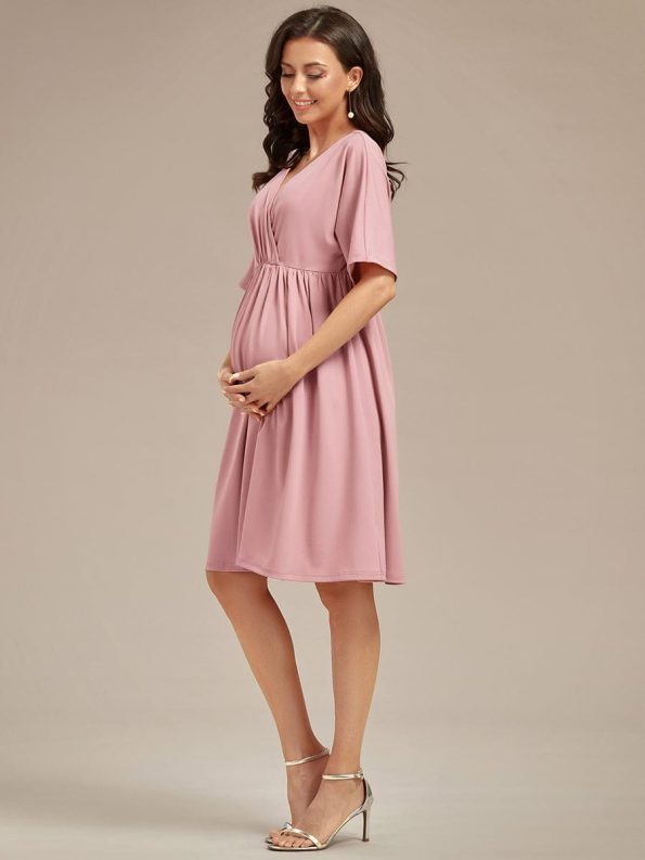 Loose V-Neck Half Sleeve Knee Length Maternity Dress - Dusty Rose