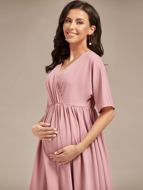 Loose V-Neck Half Sleeve Knee Length Maternity Dress - Dusty Rose