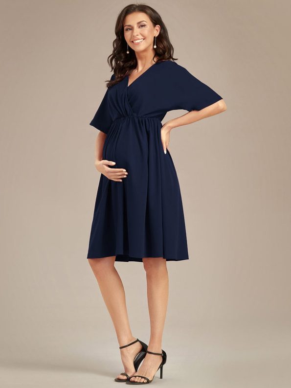 Loose V-Neck Half Sleeve Knee Length Maternity Dress - Navy Blue