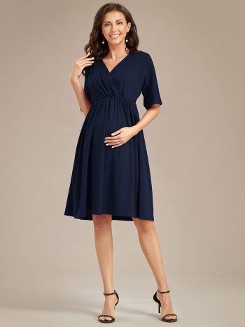 Loose V-Neck Half Sleeve Knee Length Maternity Dress - Navy Blue