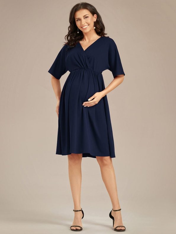 Loose V-Neck Half Sleeve Knee Length Maternity Dress - Navy Blue