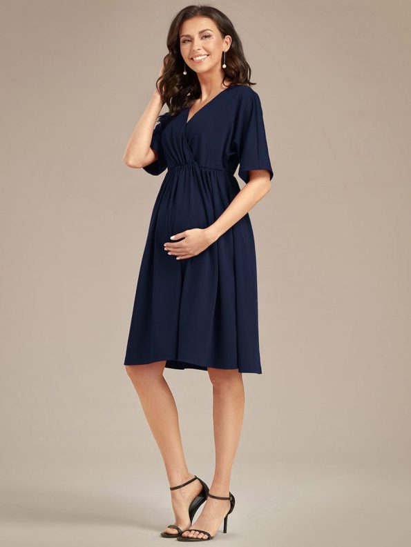 Loose V-Neck Half Sleeve Knee Length Maternity Dress - Navy Blue