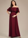 Flattering A-Line Maternity Dress with Off-Shoulder Ruffle – Burgundy