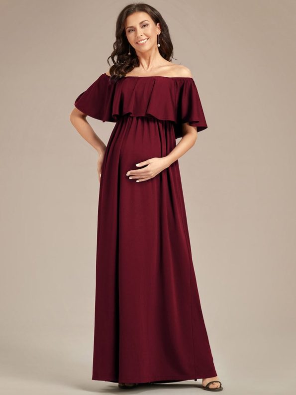 Flattering A-Line Maternity Dress with Off-Shoulder Ruffle - Burgundy