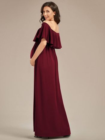 Flattering A-Line Maternity Dress with Off-Shoulder Ruffle - Burgundy