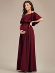 Flattering A-Line Maternity Dress with Off-Shoulder Ruffle – Burgundy